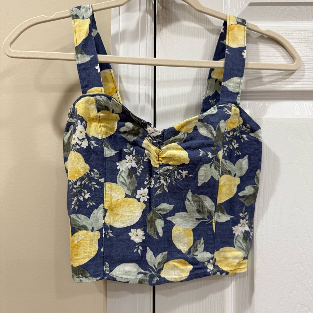Abercrombie & Fitch Blue and Yellow Lemon Print Linen Crop Top